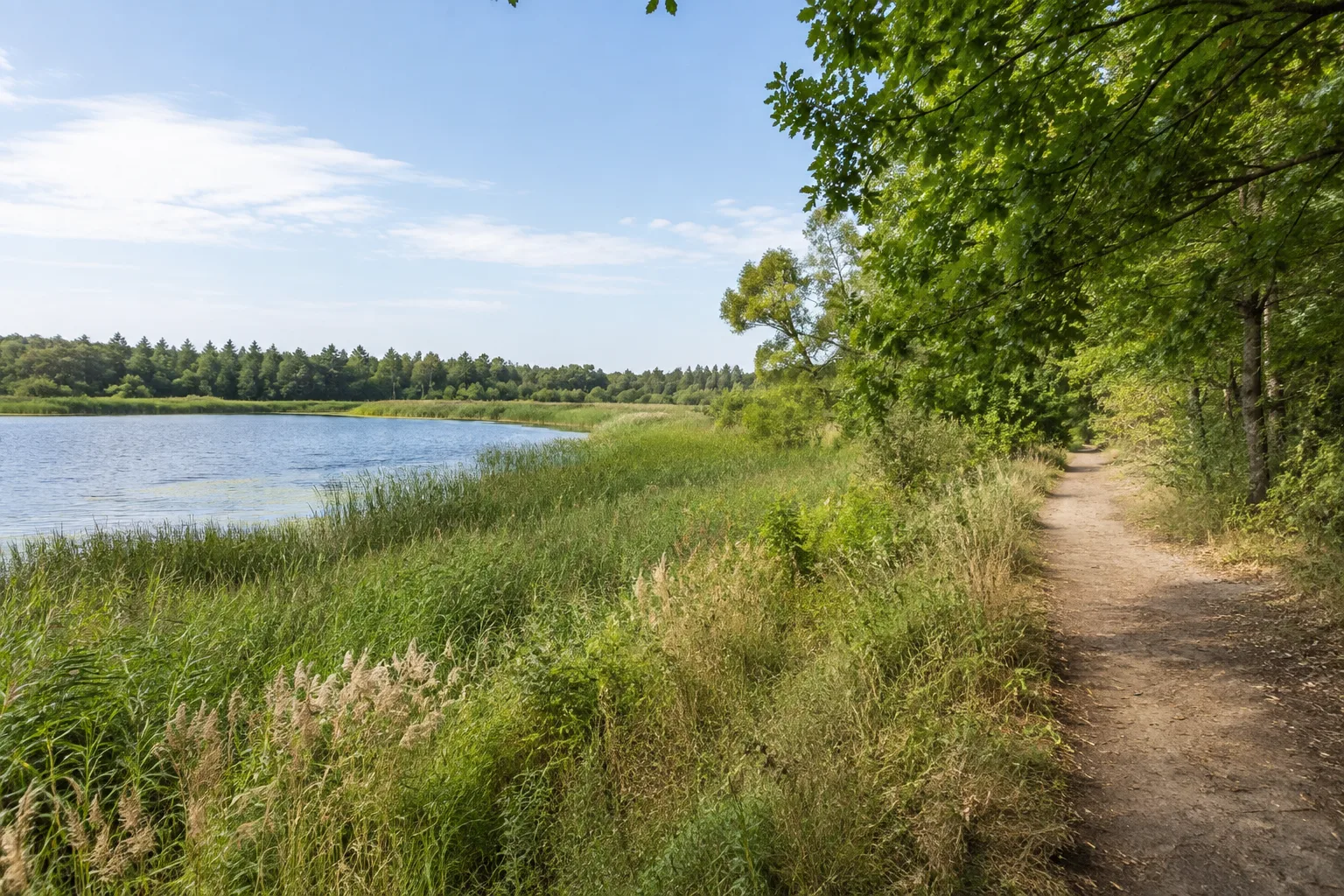 Riebener Seenraum: schilfgesäumter See mit feuchten Wiesen und Laubgehölzen vom festen Randweg gesehen