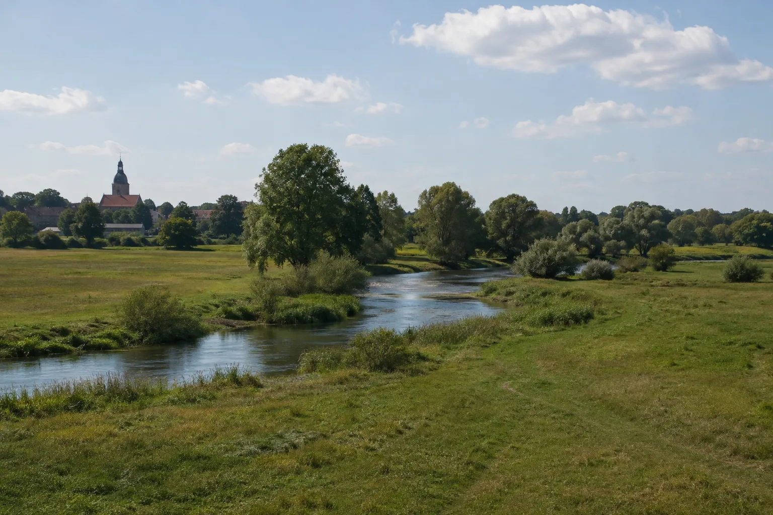 Kummerower Aue: Offene Flusswiesen und Gehölzreihen nördlich der Kernstadt
