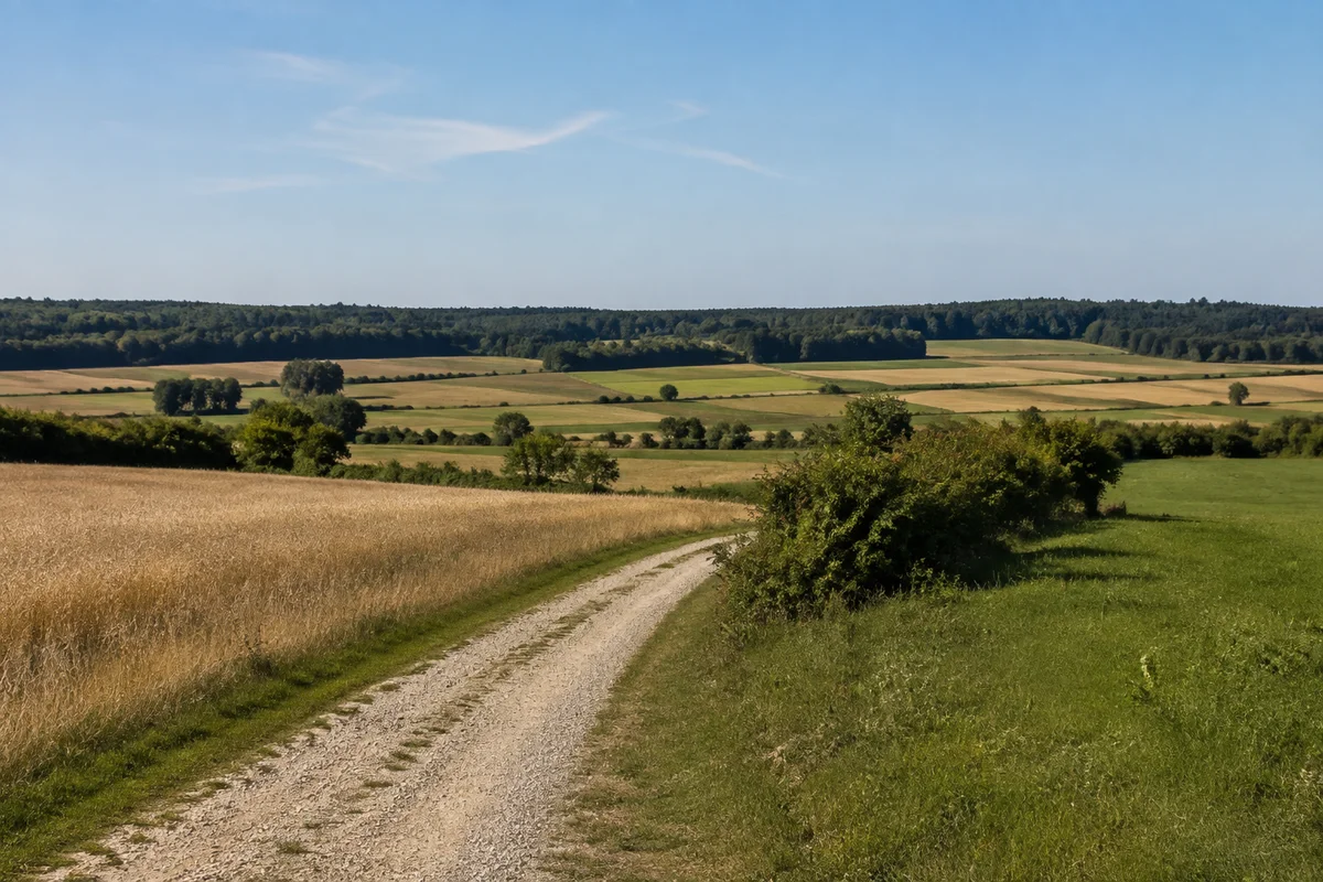 Offene Jurahochfläche bei Paulushofen mit Ackerstreifen, Hecken und fernem Buchenwald, heller Feldweg.