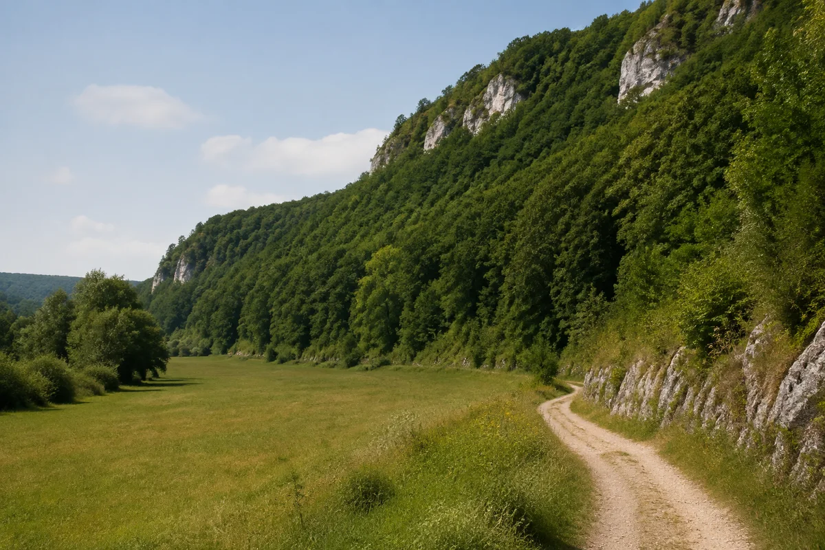Sulztallandschaft bei Biberbach mit Wiesen unter dicht bewaldeten Kalkhängen und öffentlichem Weg am Hangfuß.