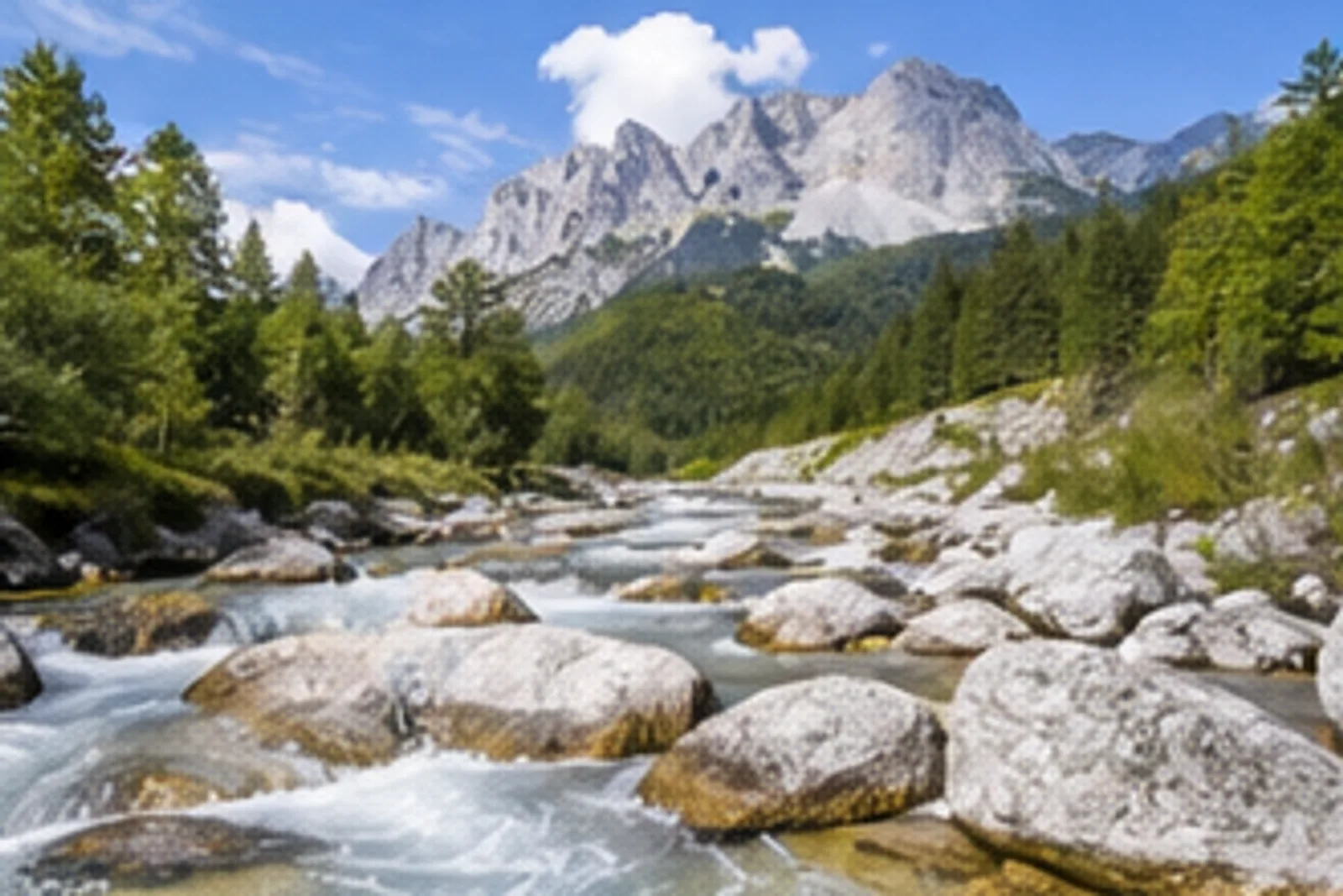Ramsau und Hintersee: Gebirgsbach, Bergwald und helle Felsstöcke