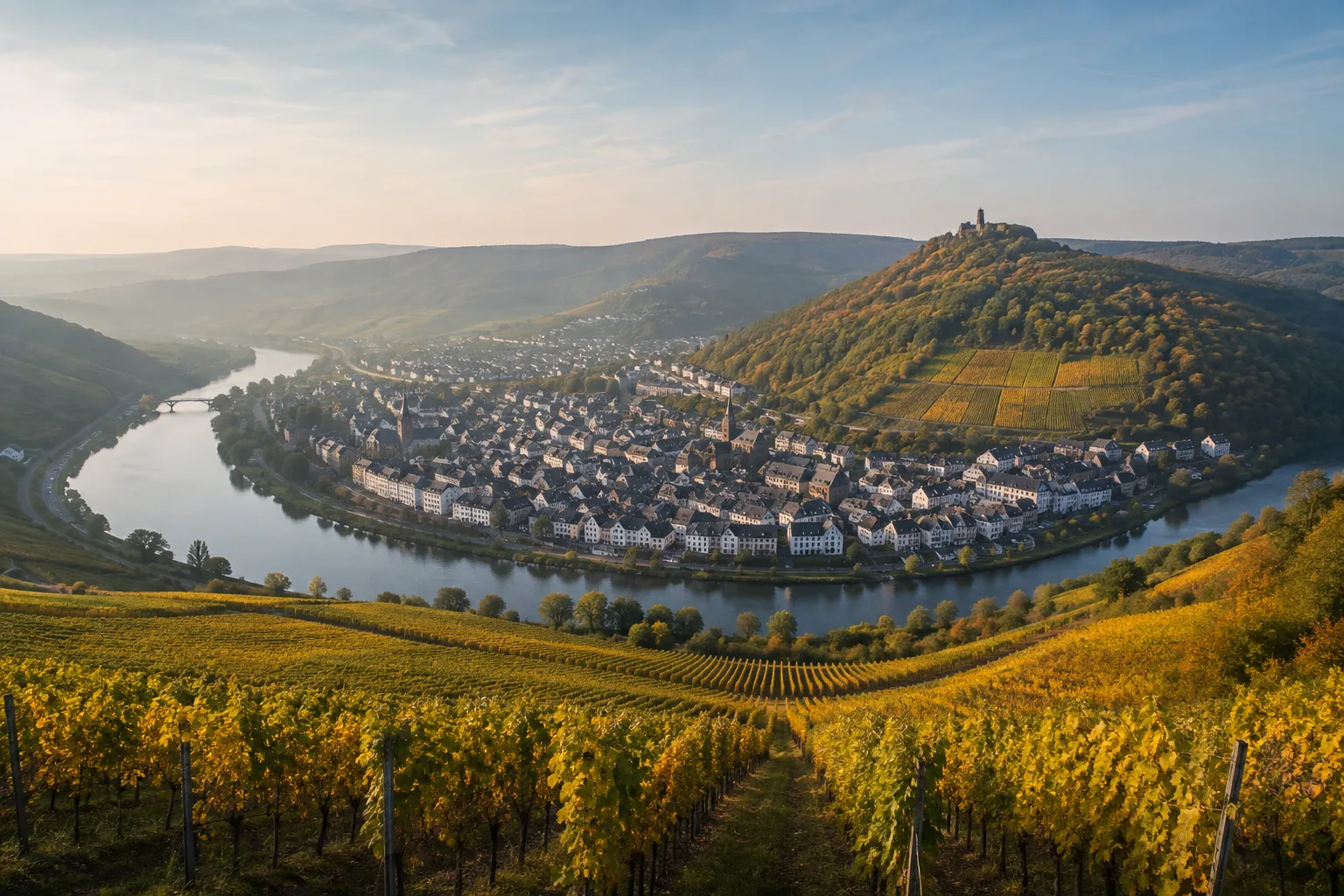 Bernkastel-Kues: Bernkastel-Kues: Moselschleife mit Weinbergen und bewaldeten Höhen