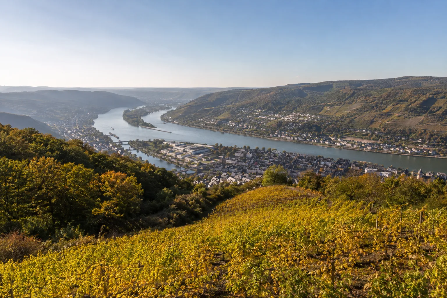 Bingen am Rhein: Bingen am Rhein: Rheinportal mit Weinbergen und bewaldeten Höhen