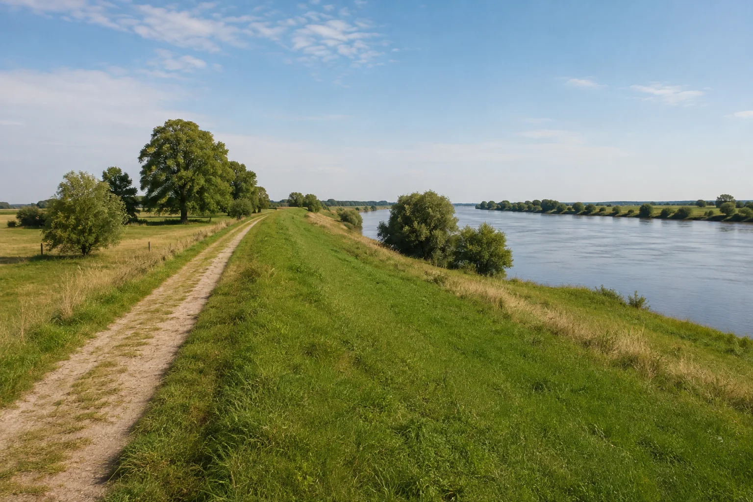 Biosphärenreservat Flusslandschaft Elbe-Brandenburg: Lenzen (Elbe): Brandenburger Elbaue: breiter Fluss hinter einem grünen Deich mit ebenen Wiesen und verstreuten Weiden