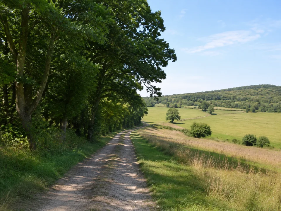 Wettelroder Waldsaum: Feldweg am Laubwaldrand mit offenen Wiesen auf niedrigem hügeligem Harzvorland