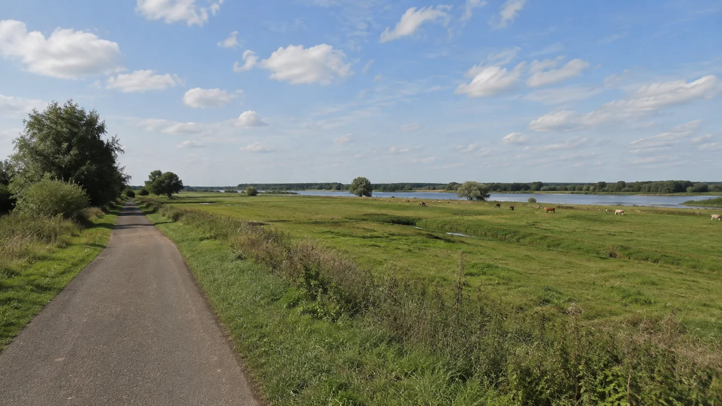 Biosphärenreservat Niedersächsische Elbtalaue: Hitzacker: Elbtalaue bei Damnatz: breite Flusslandschaft mit flachen grünen Auenwiesen und Weiden, Blick vom festen Weg