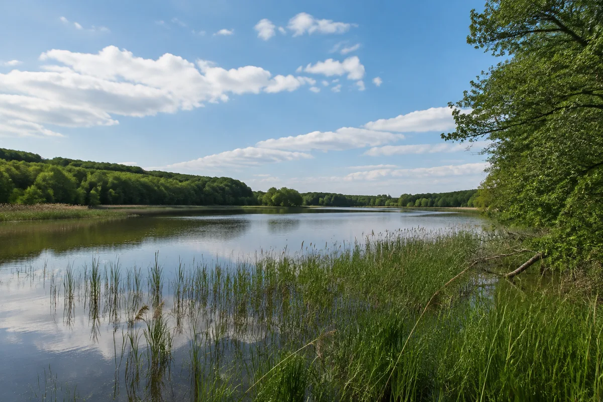 Kleiner Neuenkirchener See mit Schilf und sanften bewaldeten Ufern