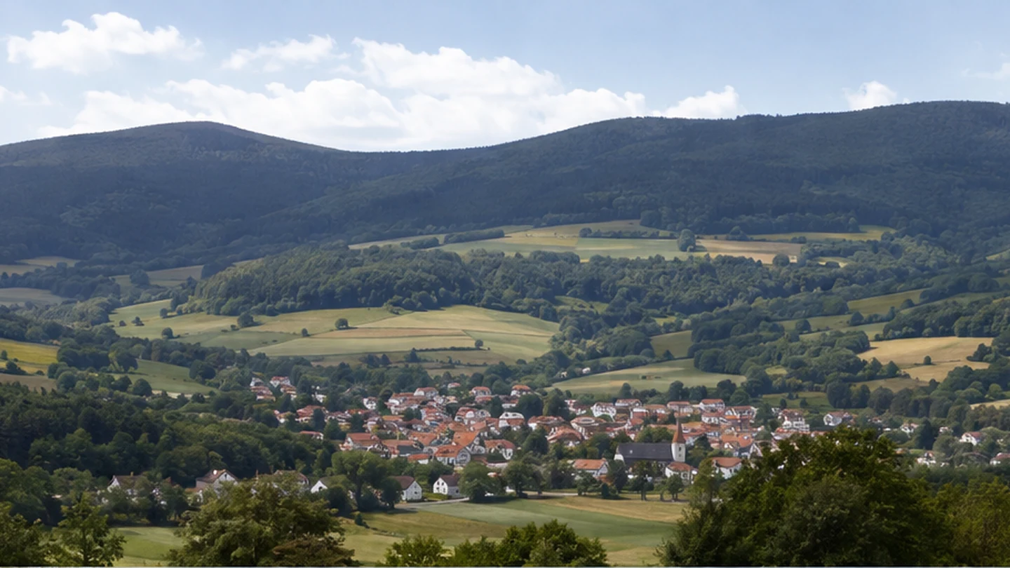 Bischofsheim in der Rhön: Bischofsheim in der Rhön: Bischofsheim: Stadt und Brendtal unter bewaldeten Rhönbergen