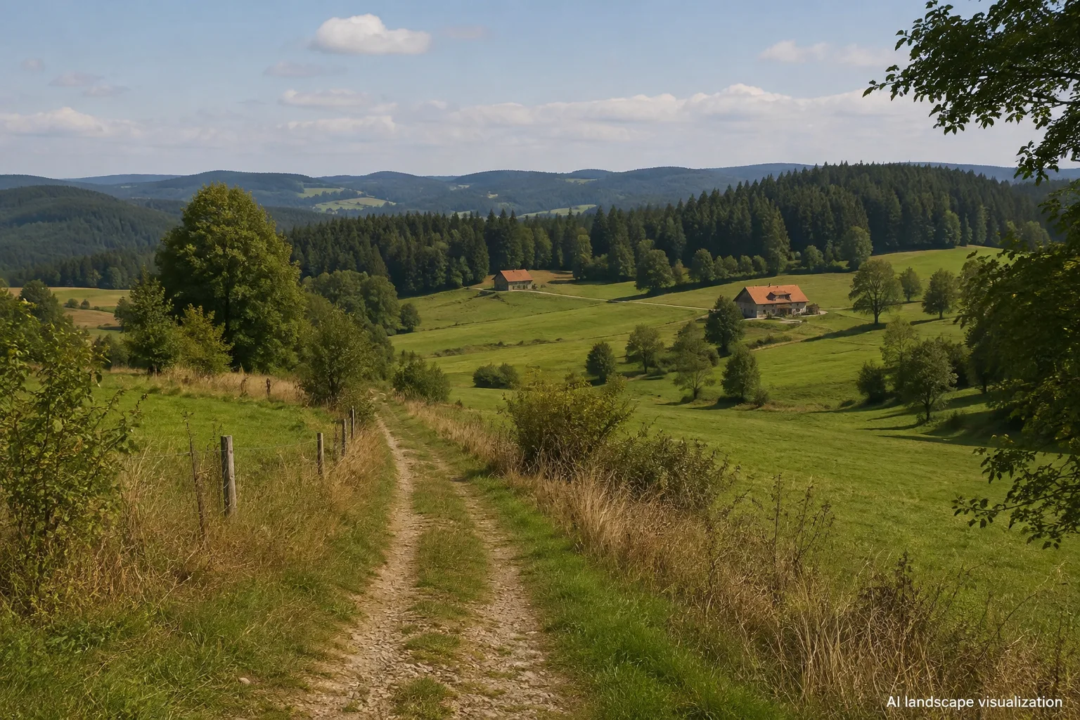 Seiboldsrieder Höhen: offener Wiesenweg zwischen verstreuten Bauernhäusern und Waldinseln in welliger Landschaft.