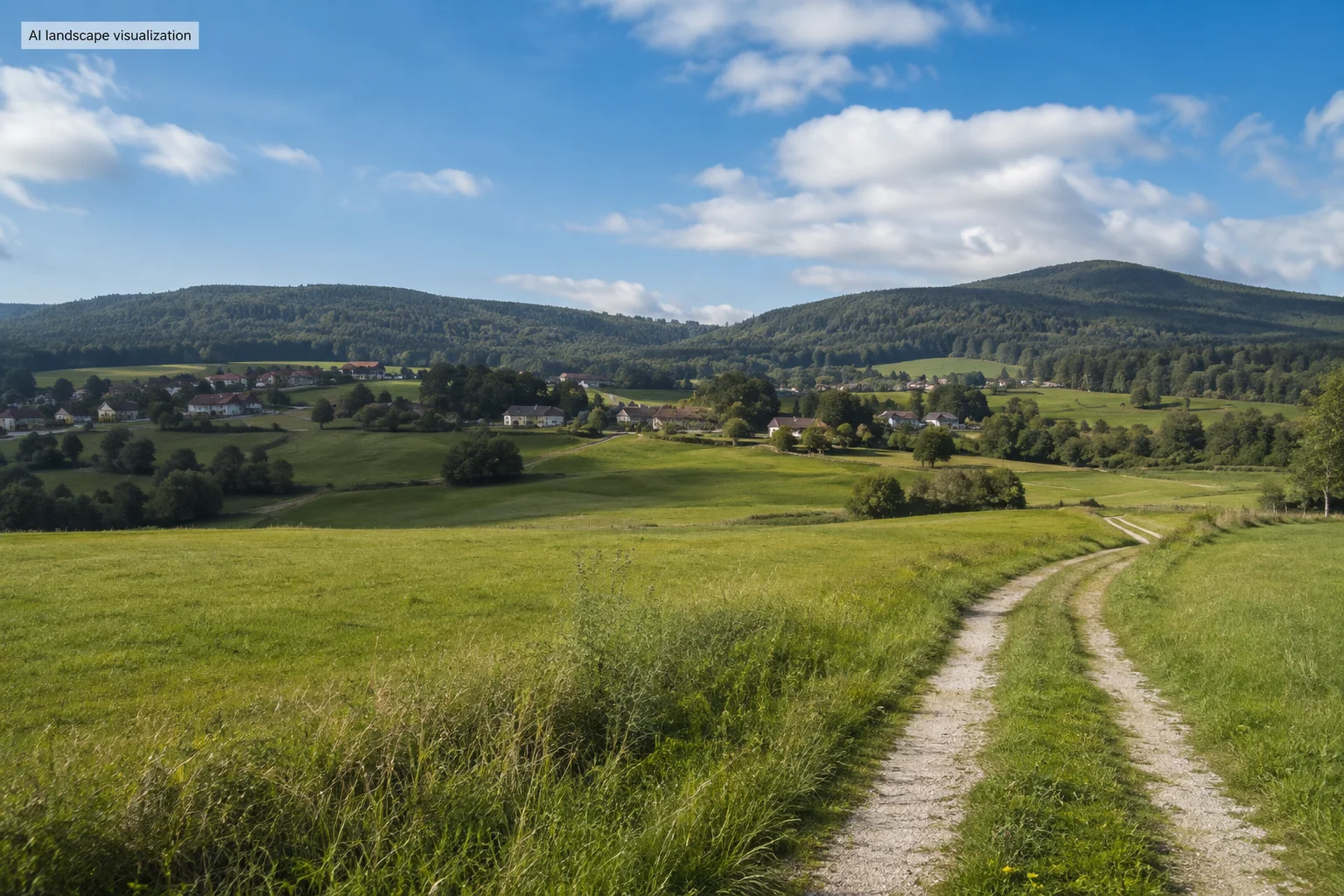 Bischofsmais: Bischofsmaiser Rodungsbecken: weite grüne Wiese mit Feldweg, lockeres Dorf und sanfte bewaldete Höhen.