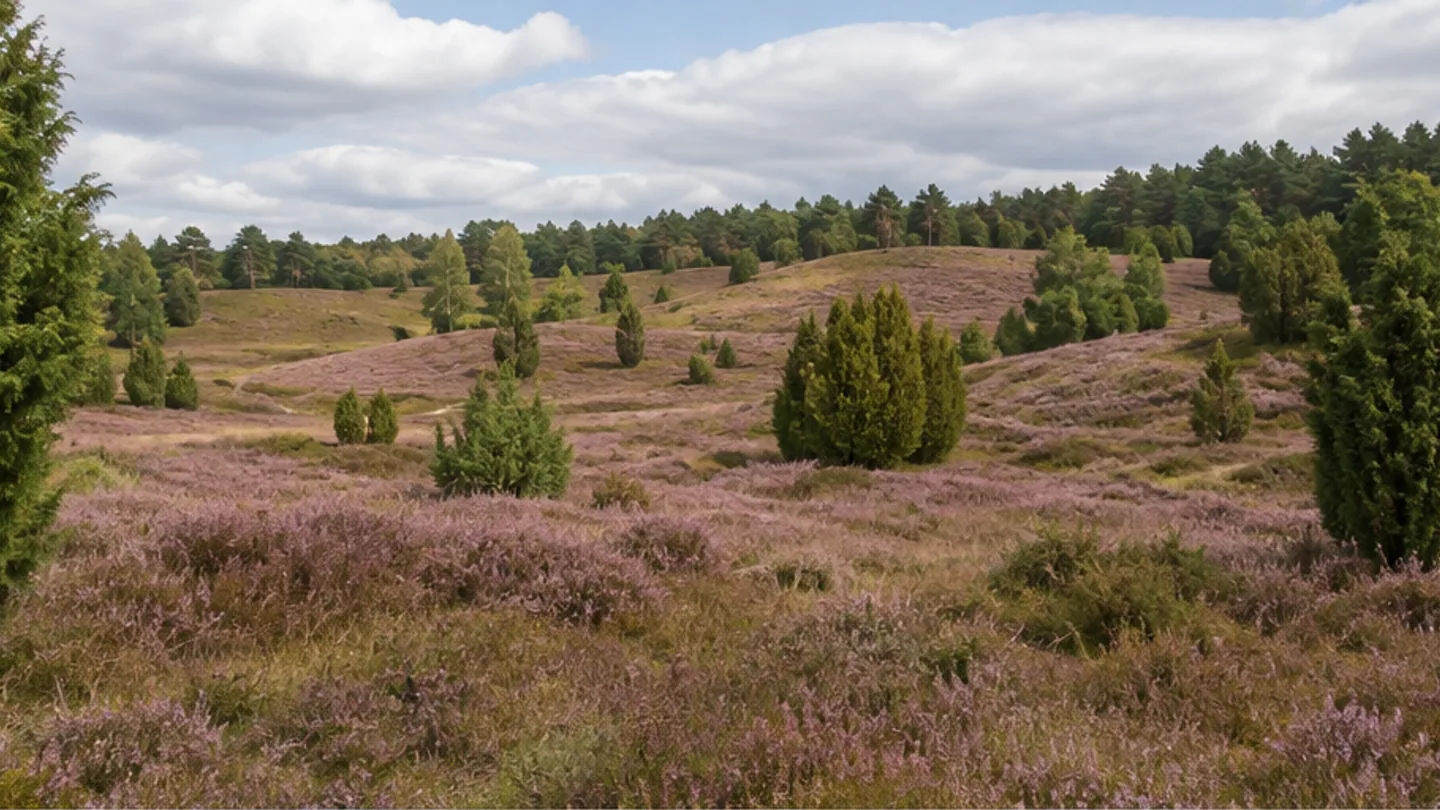 Bispingen: Bispingen: Bispinger Heide: Heidehügel vor Kiefern und niedrigem Horizont