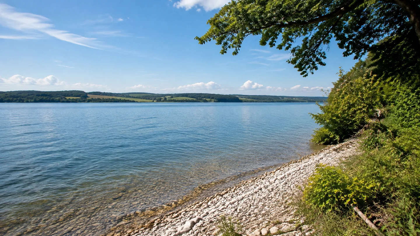 Bodensee: Konstanz Litzelstetten Haltestelle: Bodensee-Nordufer: Weiter blauer See vor einem niedrigen bewaldeten gegenüberliegenden Ufer, schmaler Kiesstreifen und grüne Uferbäume im Vordergrund