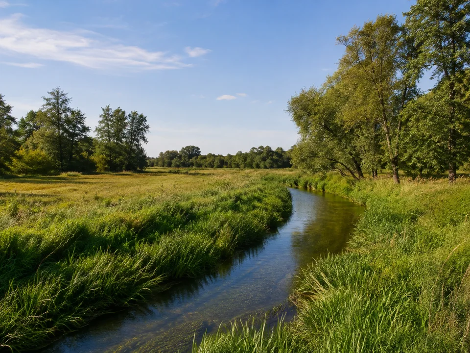 Schwippetal bei Dagersheim: Kleiner Bach mit Ufergras und Baumgruppen in offener flacher Feldlandschaft