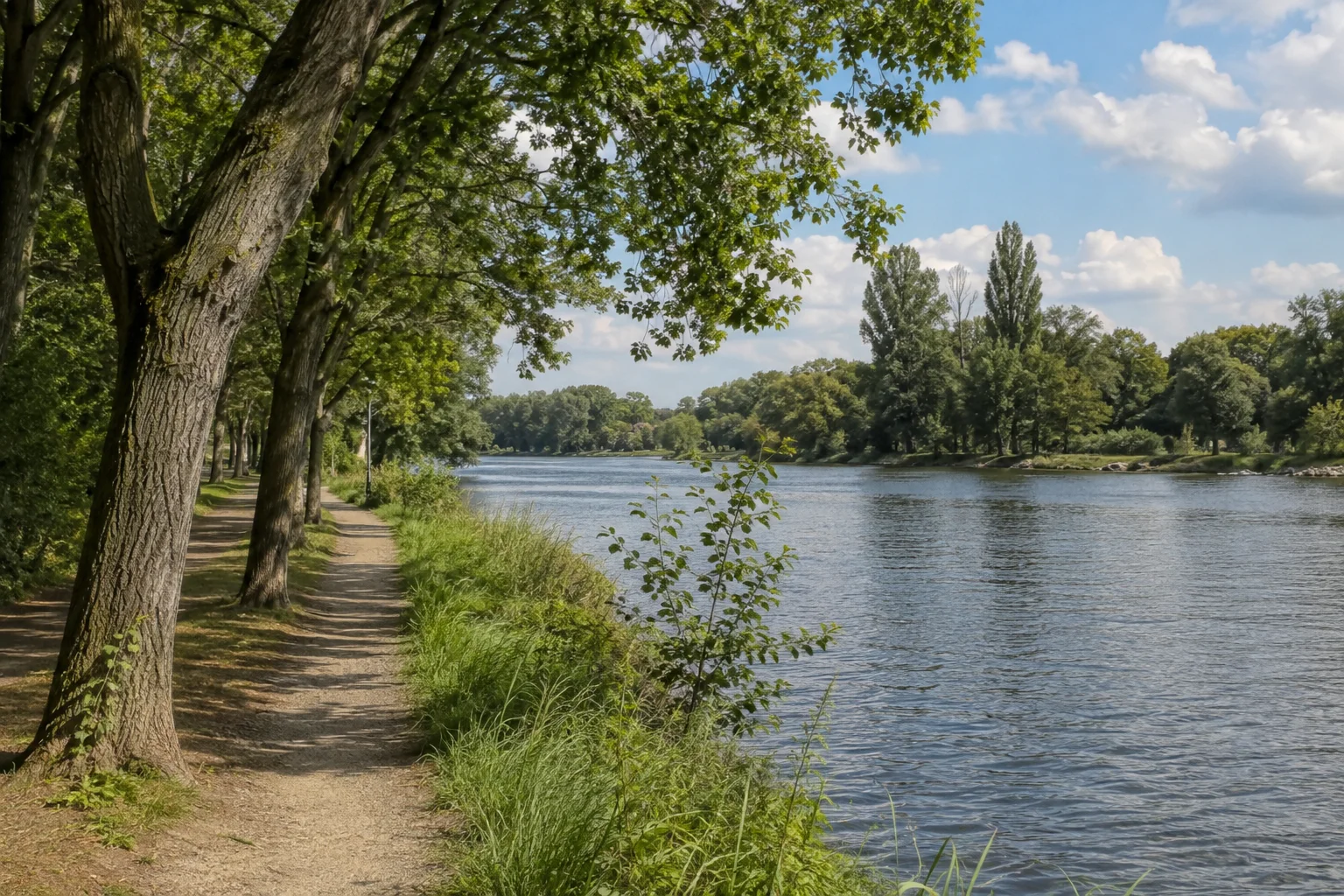 Brandenburg an der Havel: Brandenburg an der Havel: Brandenburger Havel: ruhiger breiter Flussarm neben einem grünen Stadtweg mit alten Bäumen
