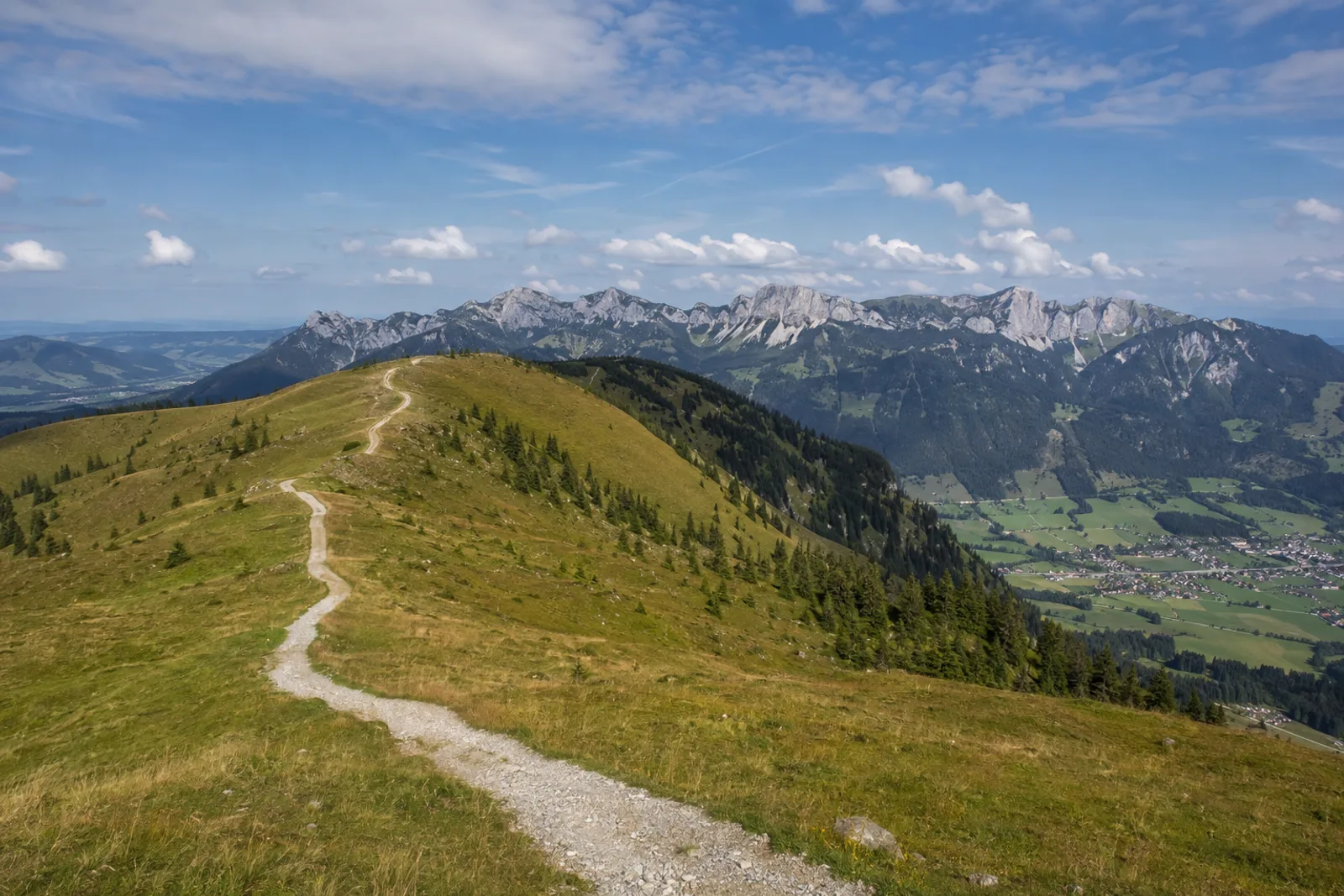 Brauneck: Brauneckbahn Talstation: Brauneck: grüner Voralpenberg mit einzelnen Kalkwänden über Lenggries