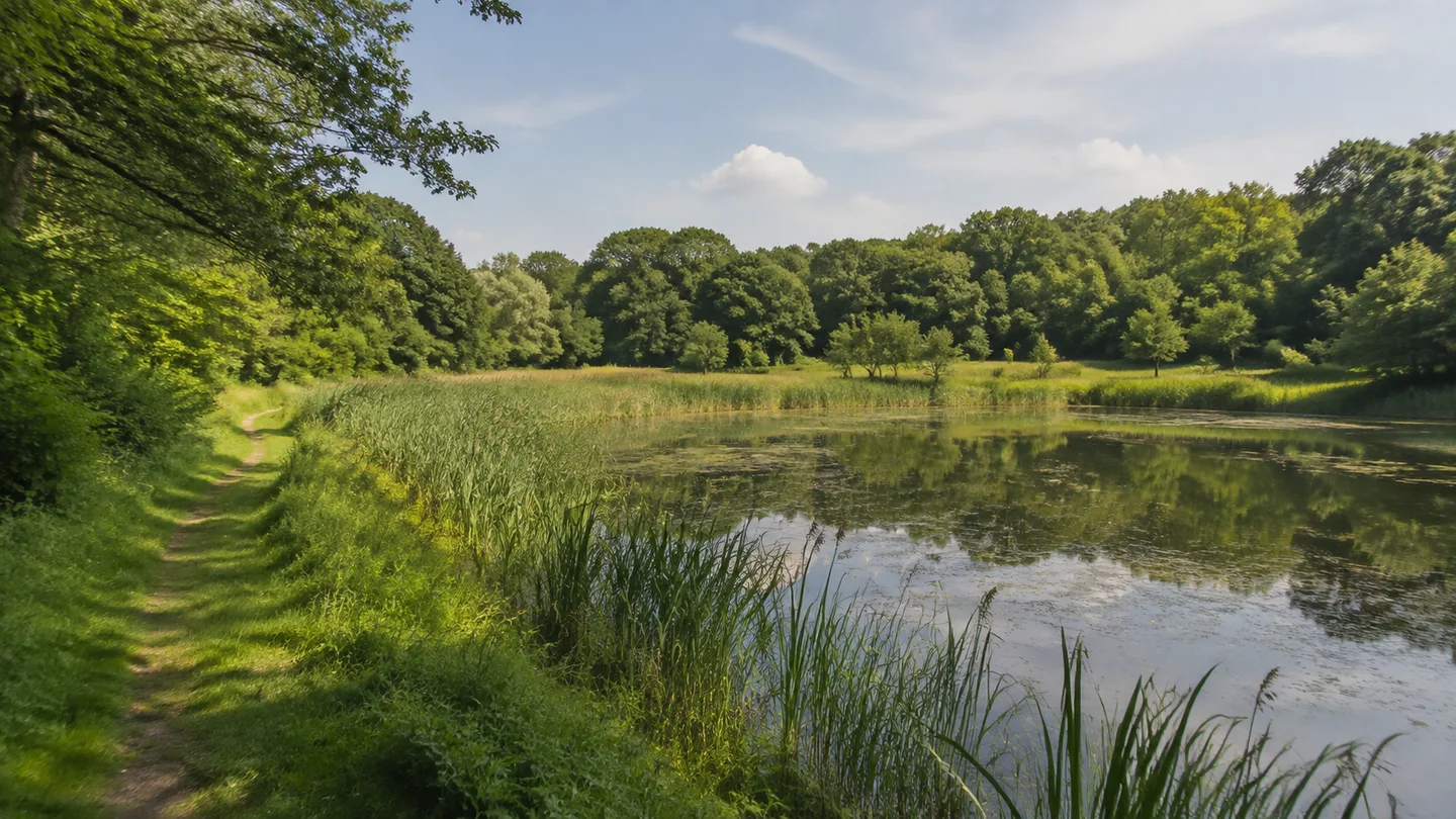 Braunschweig: Riddagshausen: Flacher Riddagshäuser Teich mit Schilfgürtel und Laubwald, schmaler öffentlicher Uferweg
