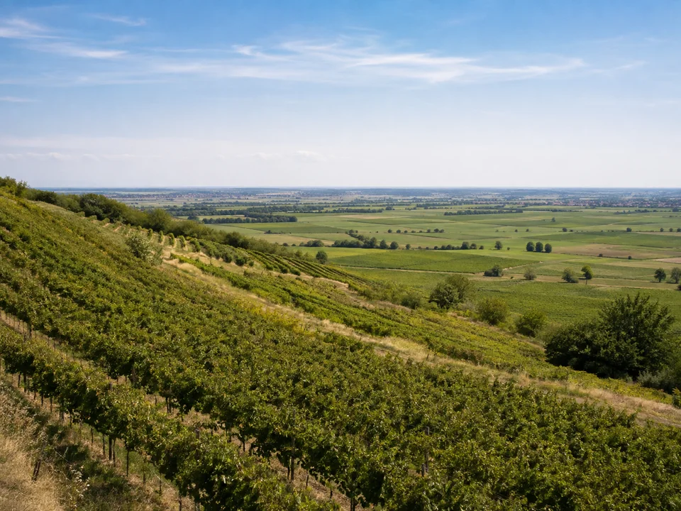 Tuniberg bei Niederrimsingen: Niedrige langgezogene Weinberghänge mit geordneten Rebreihen über der flachen Oberrheinebene