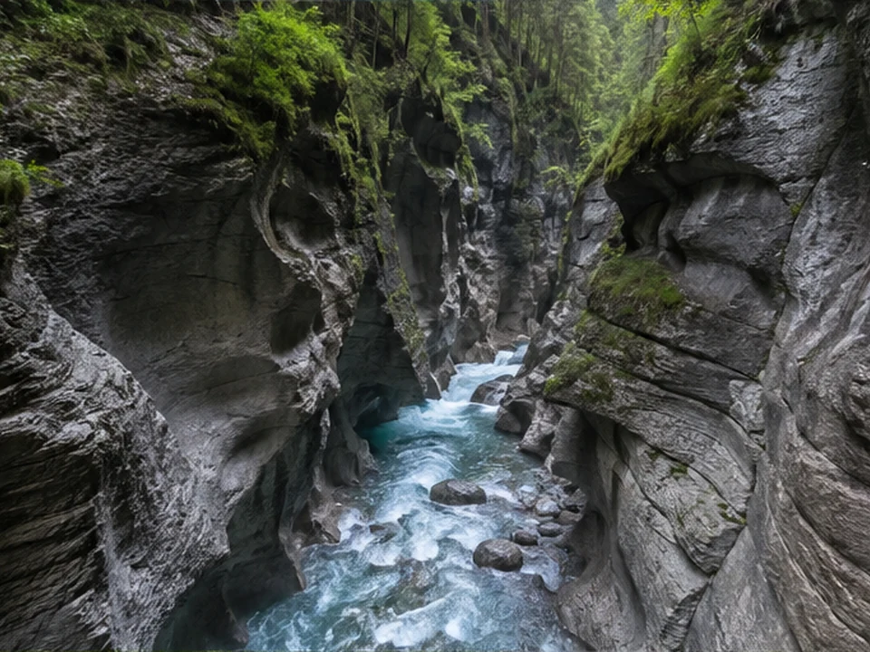 Obere Klamm: kühler Schluchtwald über erodierten Felswänden