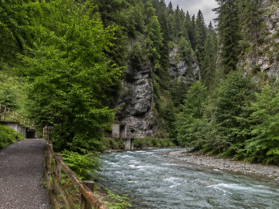 Tiefenbacher Zugang: Flussweg vor bewaldeten Klammhängen