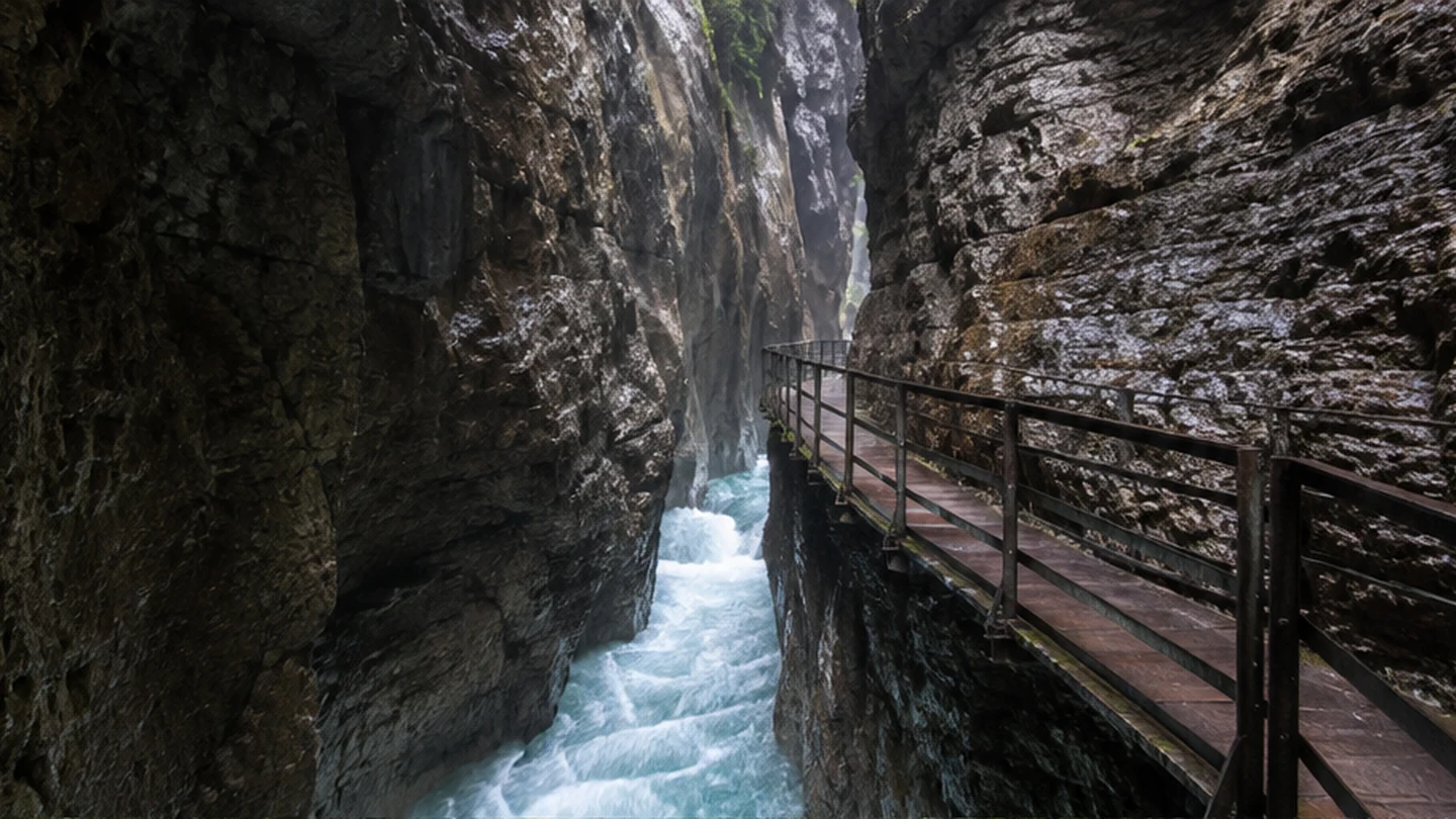 Breitachklamm: Breitachklamm: tosendes Wasser unter gesicherten Stegen in engem Kalkfels