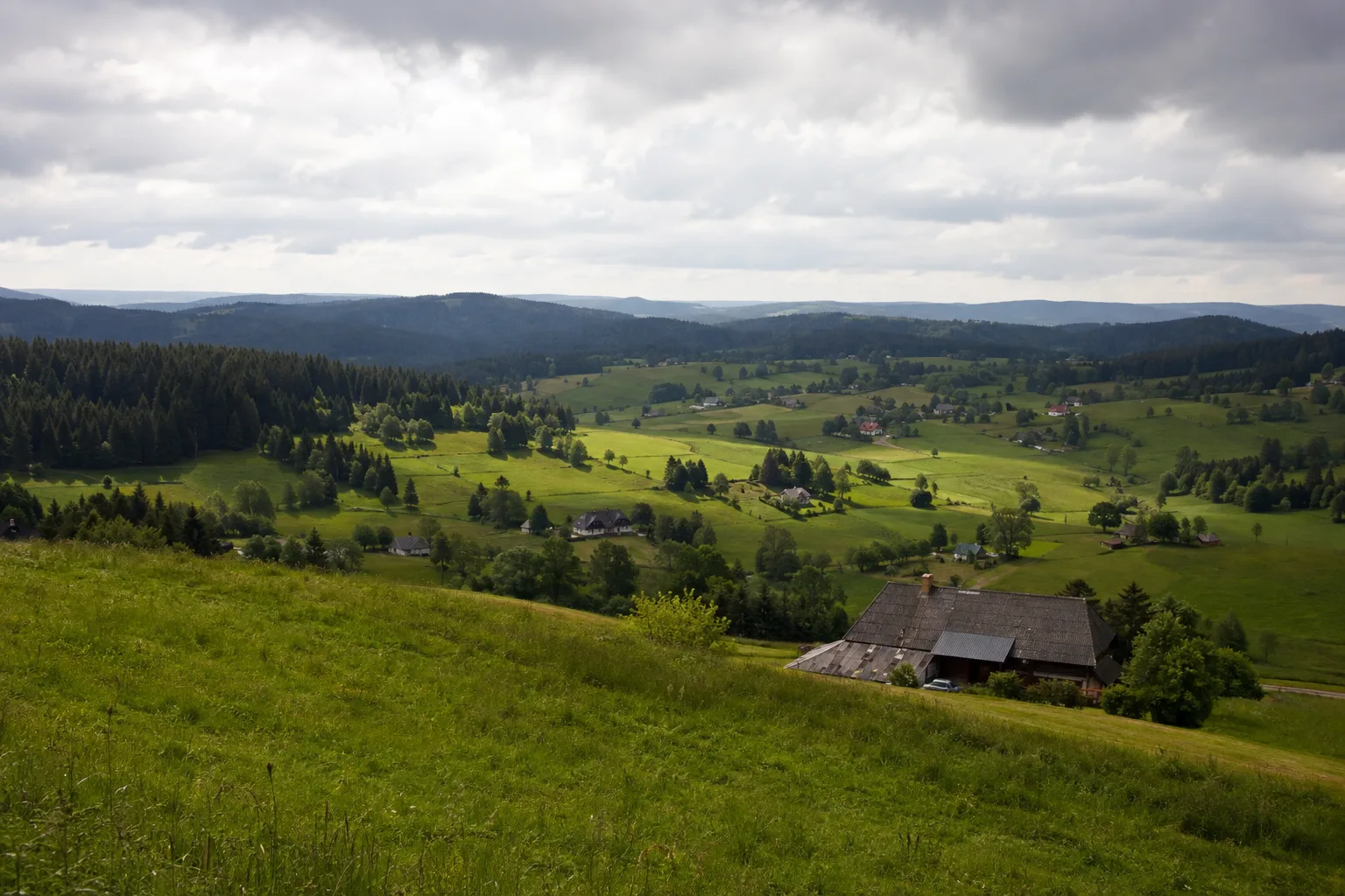 Breitnau: Breitnau: weite Hochfläche mit Wiesen, Schwarzwaldhöfen und dunklen Waldkanten
