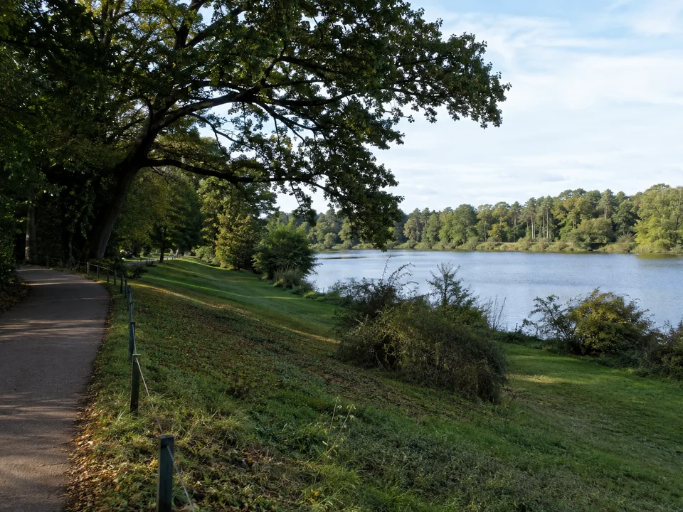 Knoops Park: Englischer Landschaftspark im Bremer Norden mit alten Eichen, sanftem Geesthang, geschwungenen Wegen und Blick zur breiten ruhigen Lesum, nur sehr niedrige Hügel