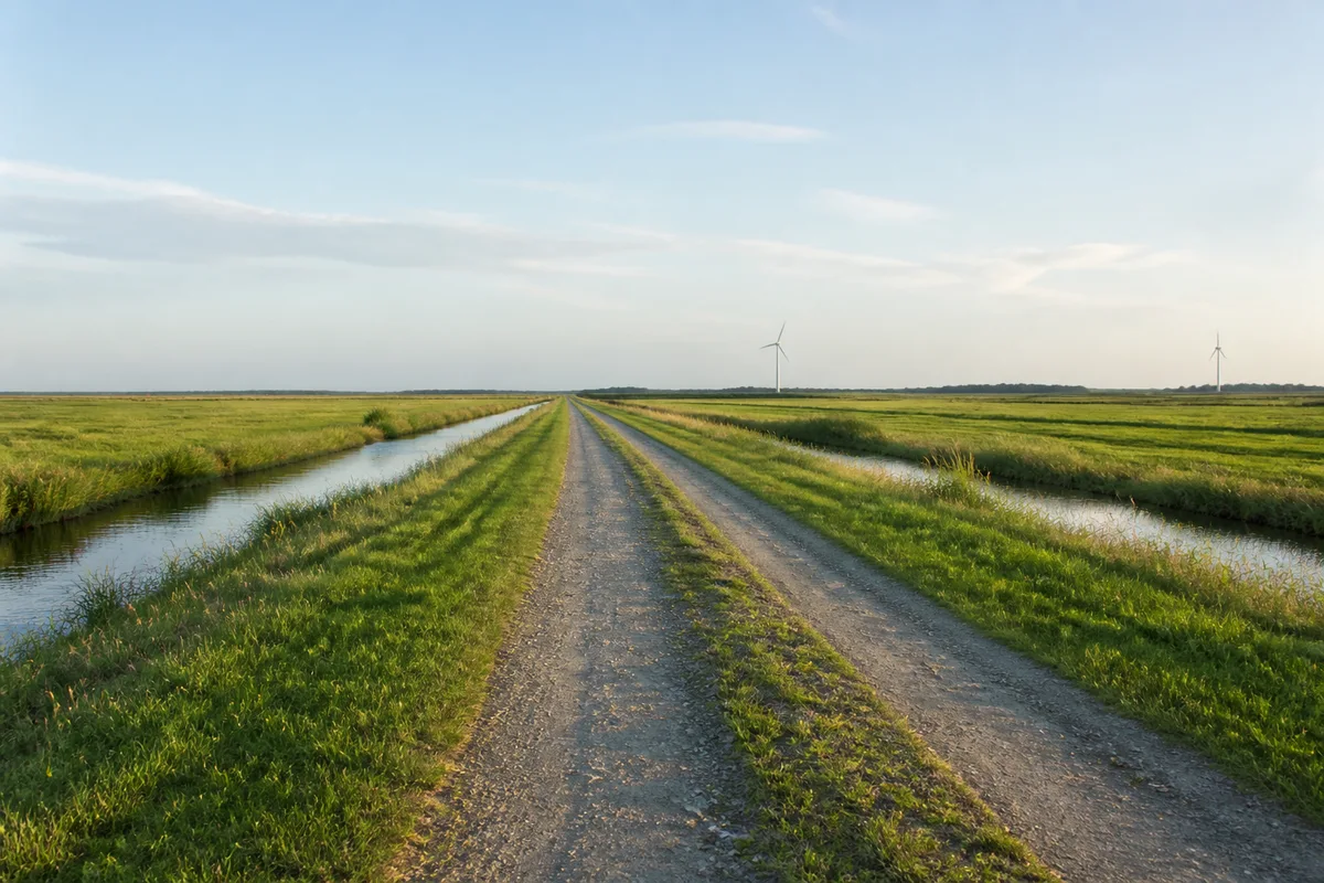 Marsch westlich Brunsbüttel: Gerader Feldweg zwischen flachen Wiesen und Gräben, einzelne Windräder weit am Horizont