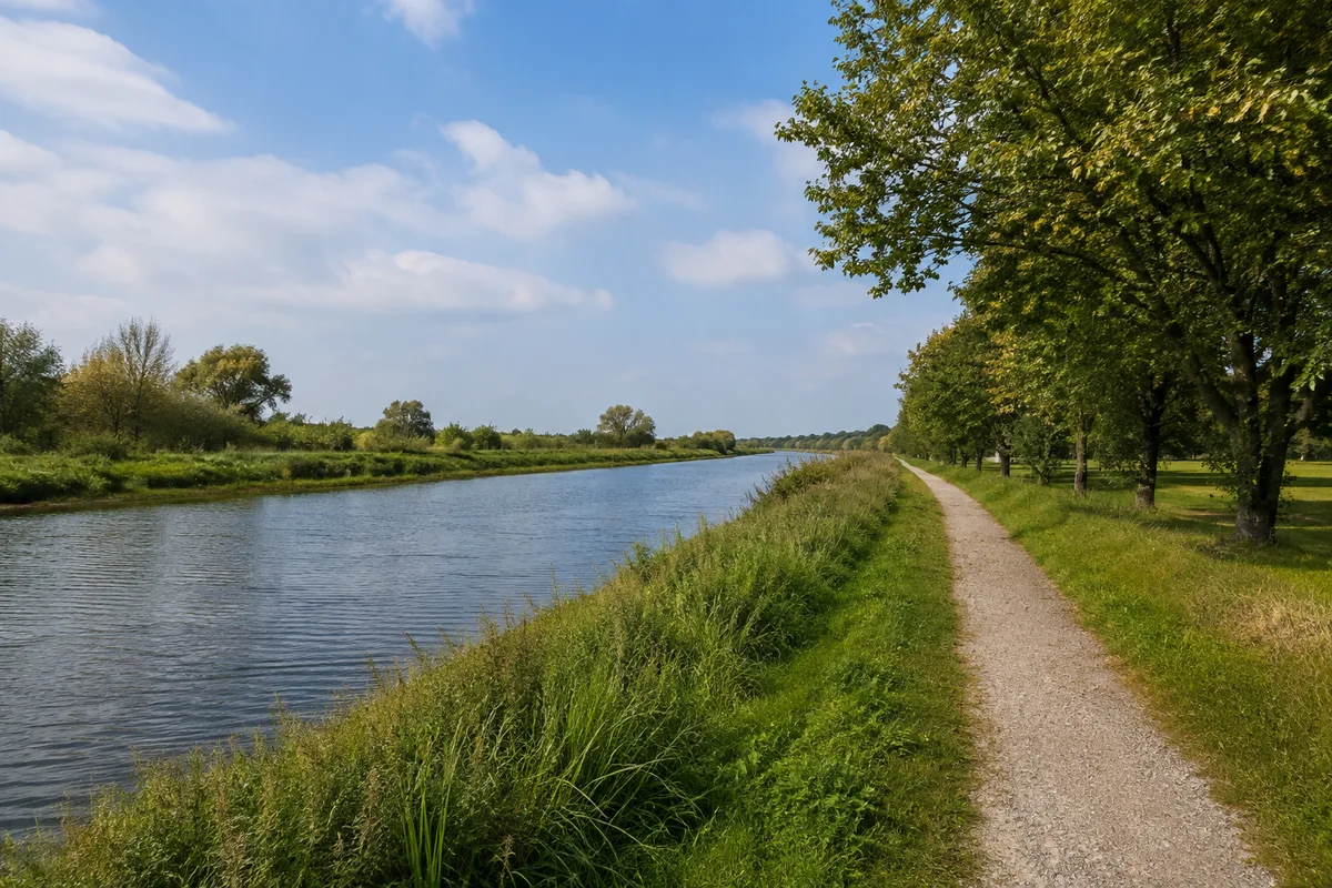 Brunsbüttel: Braake in Brunsbüttel: Ruhiger breiter Entwässerungsfluss mit grünen Ufern und öffentlichem Fußweg im flachen Stadtgrün