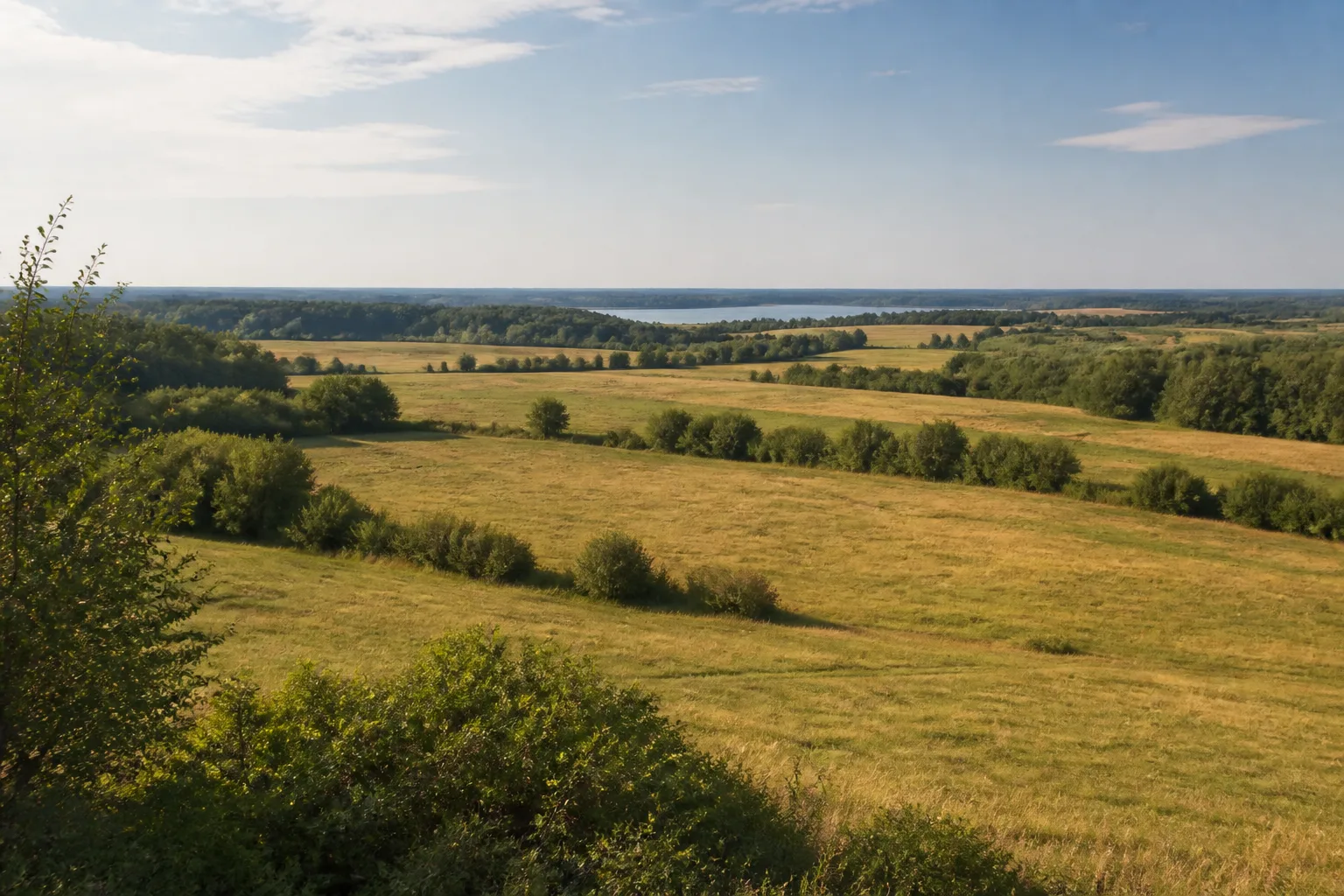 Hasenholzer Höhen: sanft gewelltes offenes Feldland mit Hecken westlich des Buckower Seenkessels