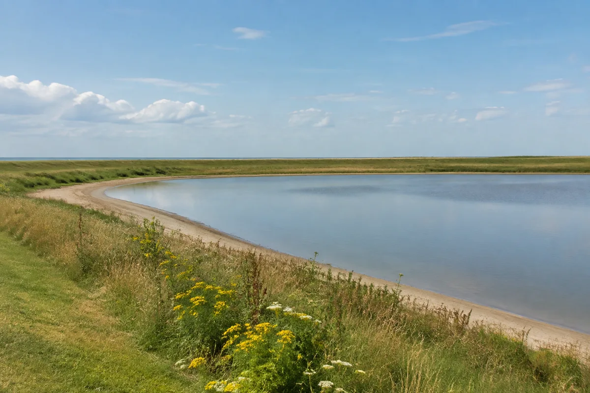 Perlebucht Landschaft: Künstlich gefasste ruhige Wasserlagune mit niedrigem Sandufer und grasigen Deichen ohne Berge
