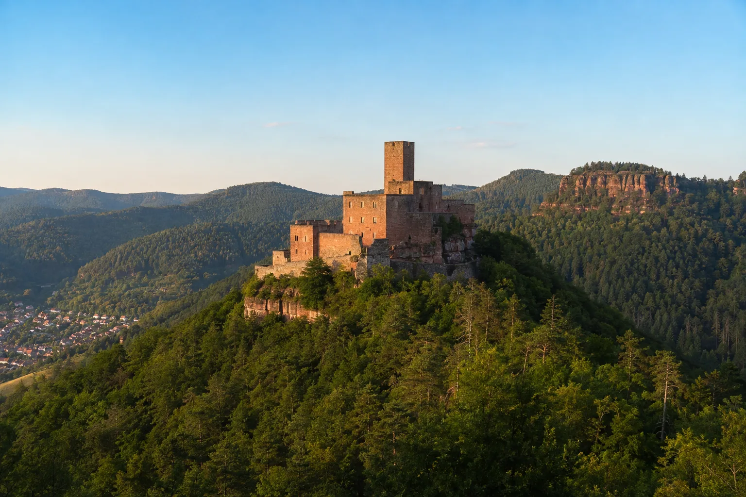 Burg Trifels: Burg Trifels: Reichsburg auf bewaldetem Sandsteinberg