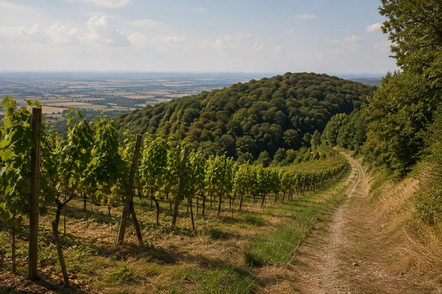 Burgensteig Bergstraße: Auerbach: Schräg über einen Rebenhang bei Heppenheim, geordnete Rebzeilen, schmaler Wirtschaftsweg, Laubwald auf gerundeter Kuppe und flache Rheinebene in der Ferne.