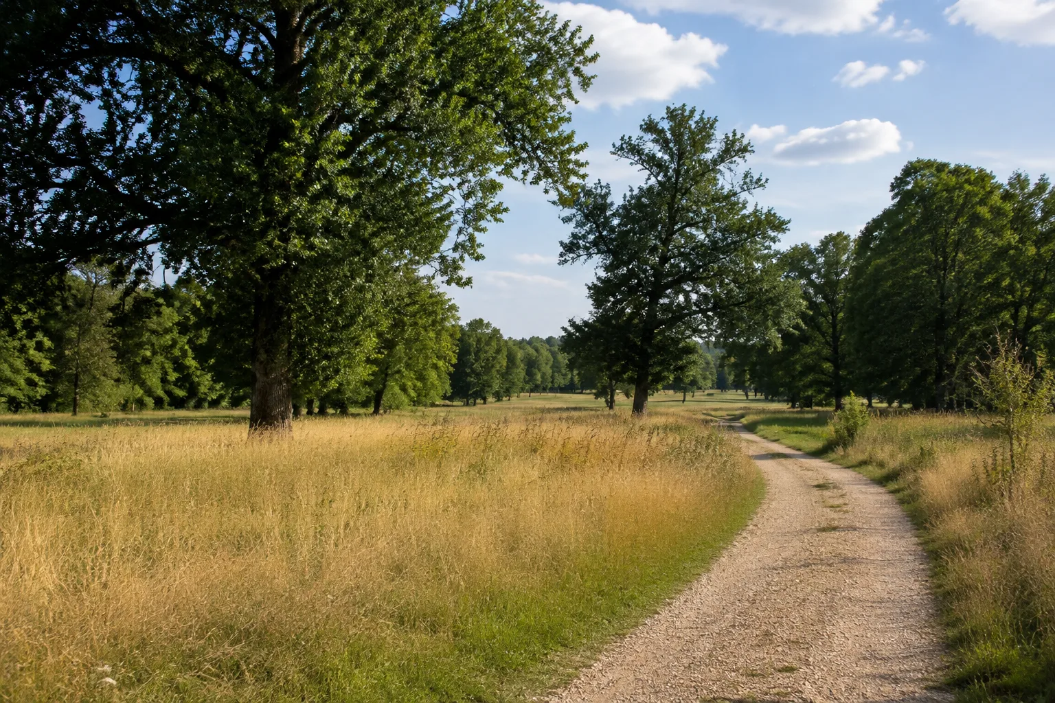 Wiesenburger Parkraum: weiter Landschaftspark mit alten Laubbäumen, Wiesen und gewundenem Kiesweg