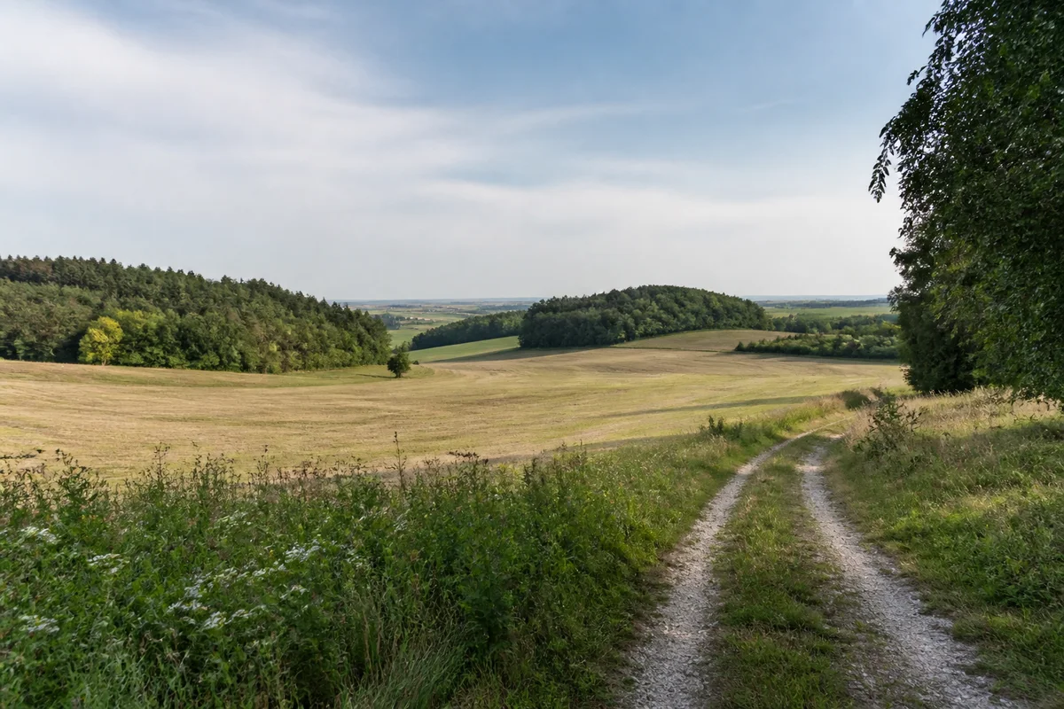 Welliges Acker- und Wiesenland bei Pottenstetten mit Mischwaldinseln und einem Feldweg, typisches nördliches Burglengenfelder Umland.