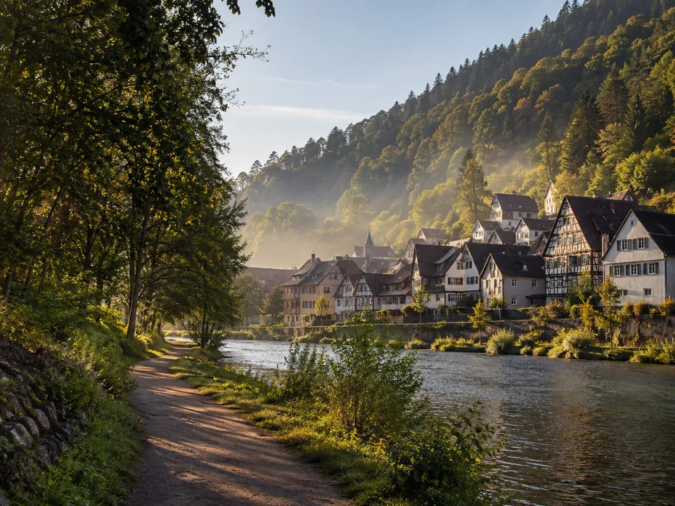 Hirsauer Klosterwald: romanische Ruinen zwischen hohen Bäumen