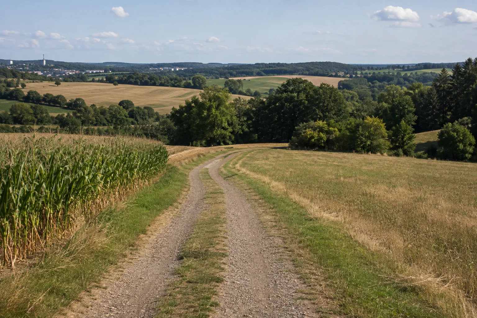 Wittgensdorfer Feldlandschaft: weitläufiger Weg zwischen Feldern und Baumgruppen auf leicht gewellten Höhen