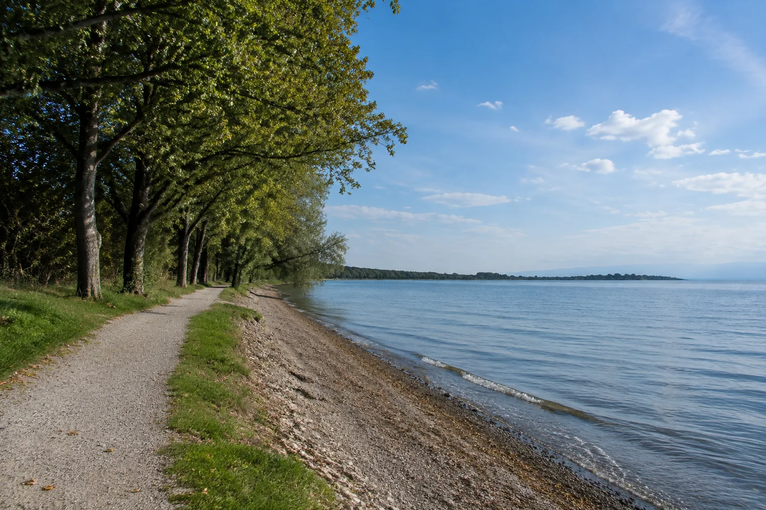 Chiemsee-Nordufer: flaches Ufer mit Kiesweg und Laubbäumen am weiten See