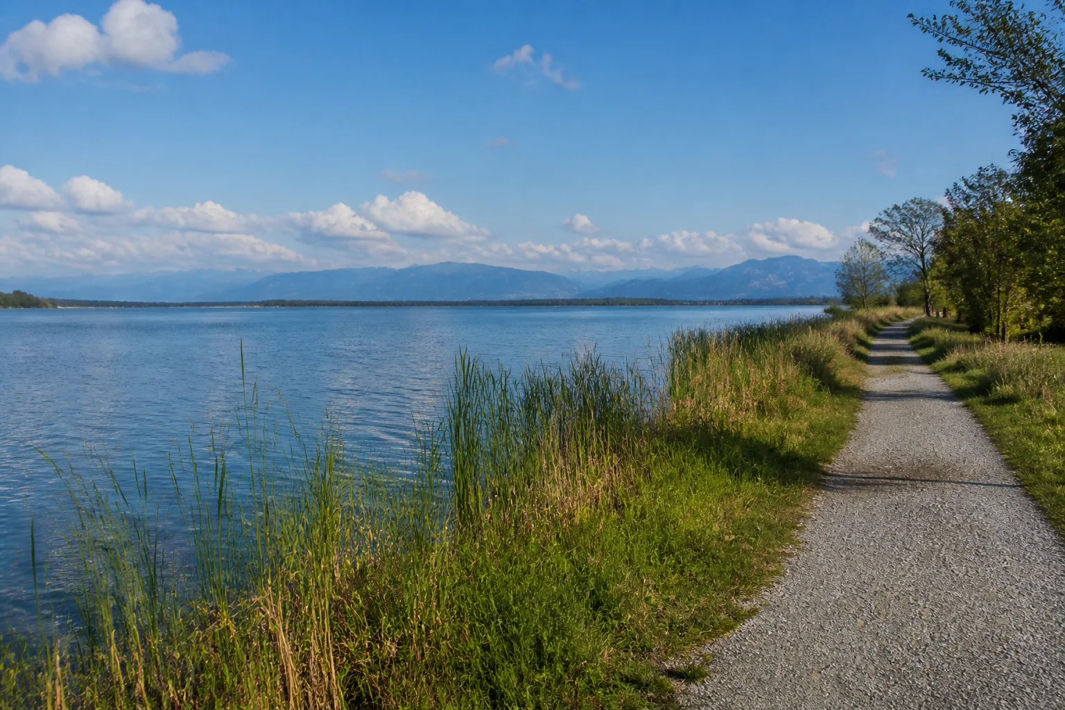 Chiemsee: Chieming: Chiemsee: breites offenes Wasser, Schilfufer und ferne Chiemgauer Berge