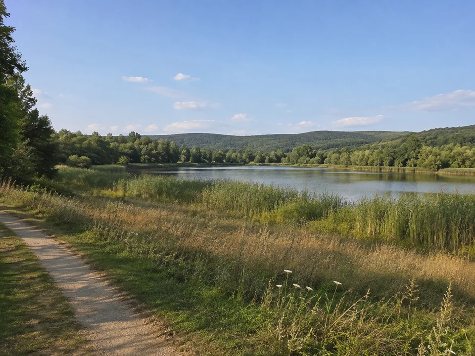 Wiesen am Goldbergsee: Flache Uferwiesen am Coburger Goldbergsee mit Schilf, ruhigem Wasser und niedrigen Waldhügeln im Hintergrund, Blick von öffentlichem Weg