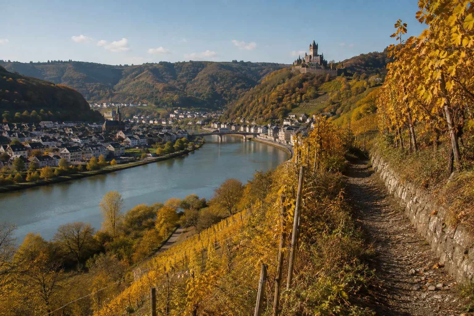 Cochemer Talhänge: Burgblick über Weinbergen