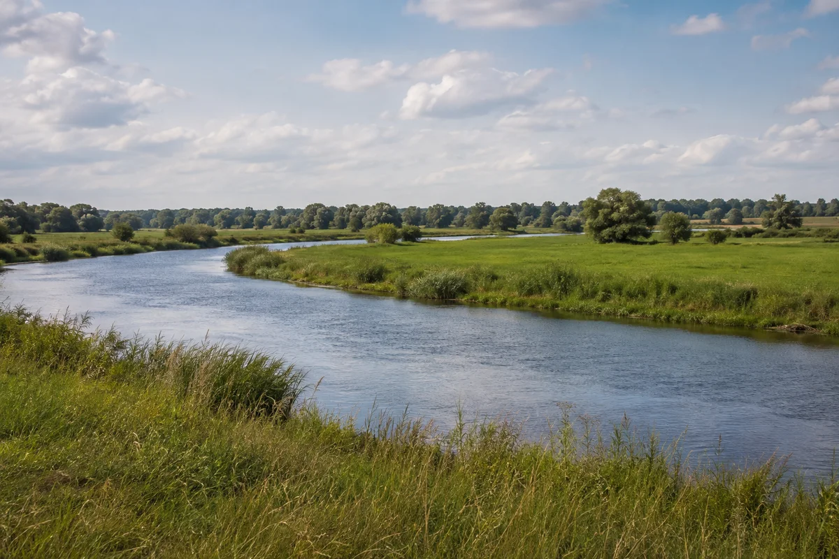 Sermuth: breite grüne Flussaue nahe der Muldenvereinigung, ruhiges Wasser zwischen Wiesen und Weiden