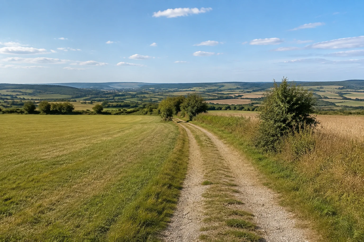Finsterlohrer Hochfläche: weiter Feldweg zwischen Wiesen und Äckern mit einzelnen Hecken, sanftes Relief über dem Taubertal.