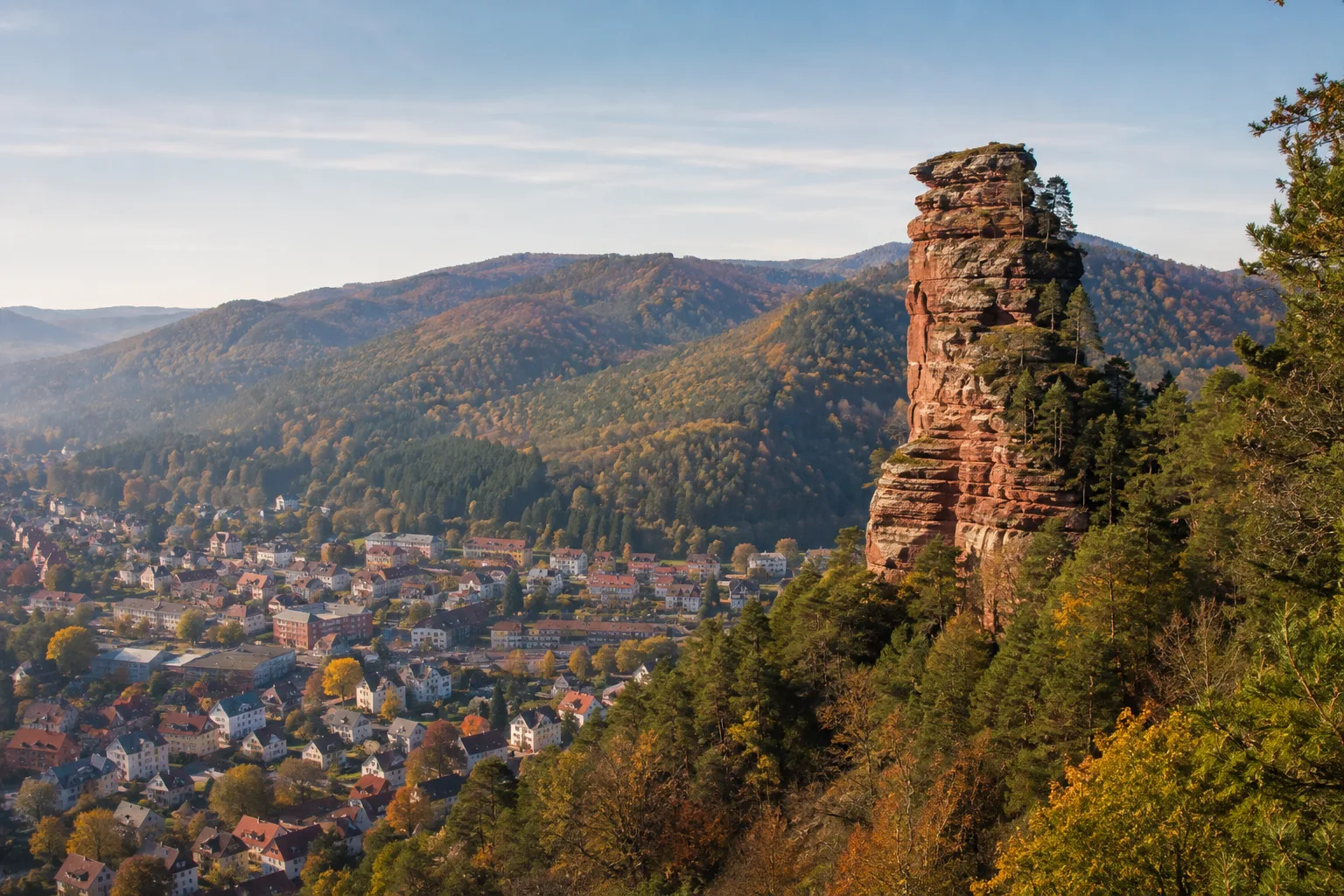 Dahn: Dahn: Buntsandsteinfelsen über dichtem Mischwald