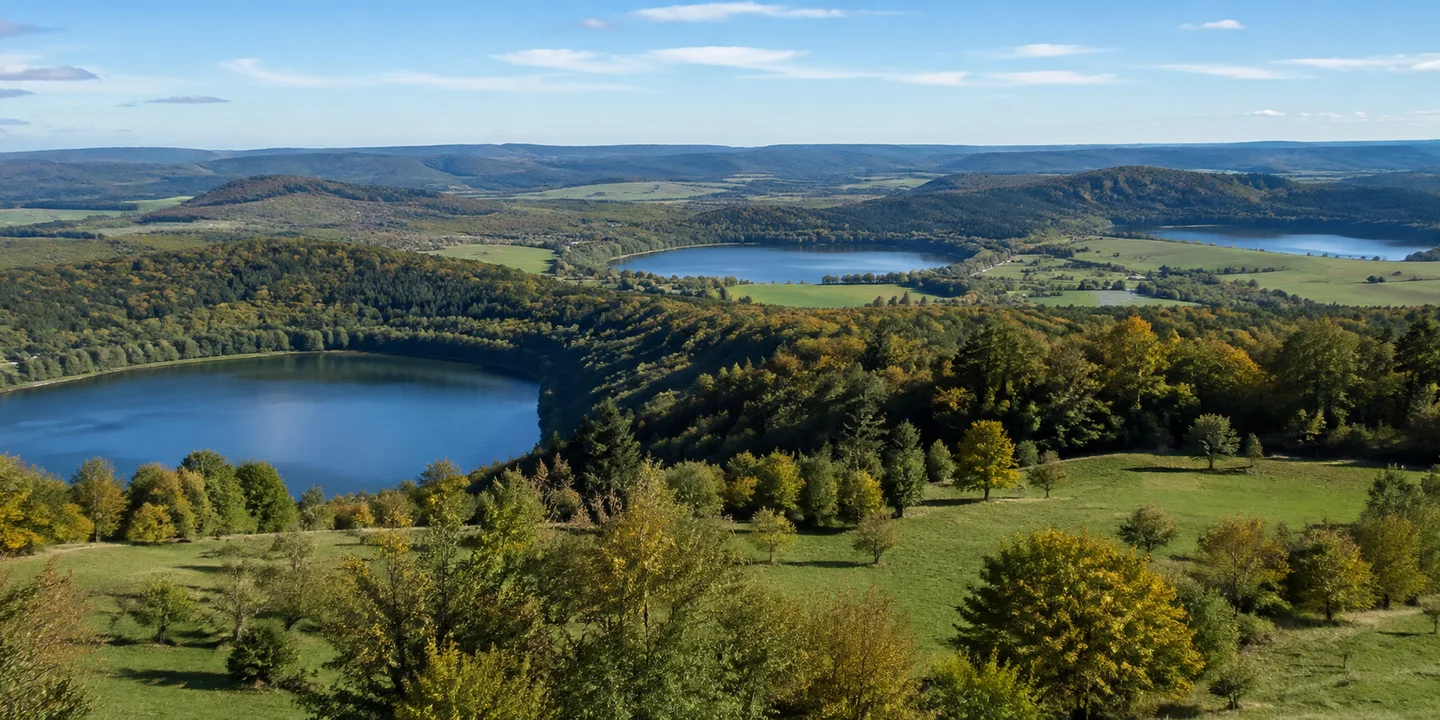 Daun: Dauner Maare: blaue Maarseen zwischen bewaldeten Kraterhängen
