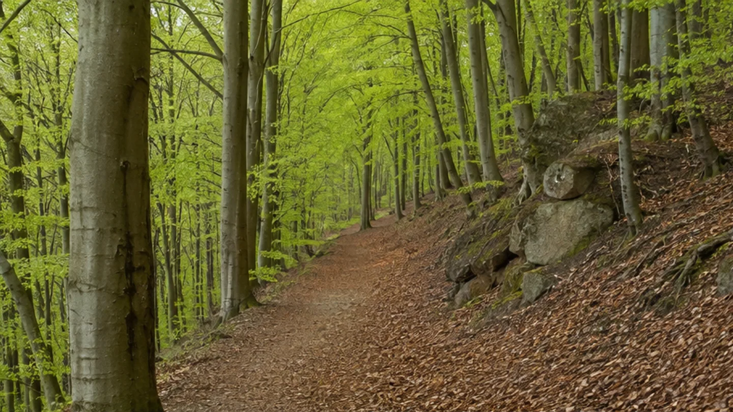 Deister: Deisterkamm: breiter Buchenwaldweg auf langgezogenem Mittelgebirgskamm