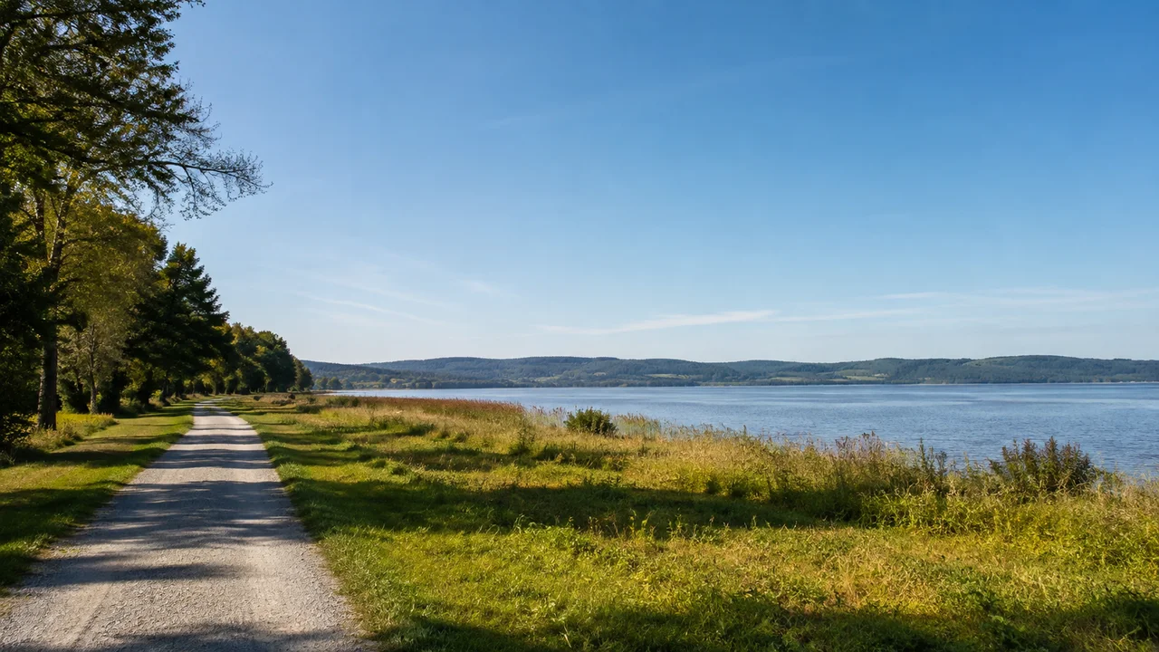 Dießen am Ammersee: Dießen Bahnhof: Dießener Ammerseeufer: flache Uferwiese mit Kiesweg, See und niedrige bewaldete Hügel auf der Gegenseite