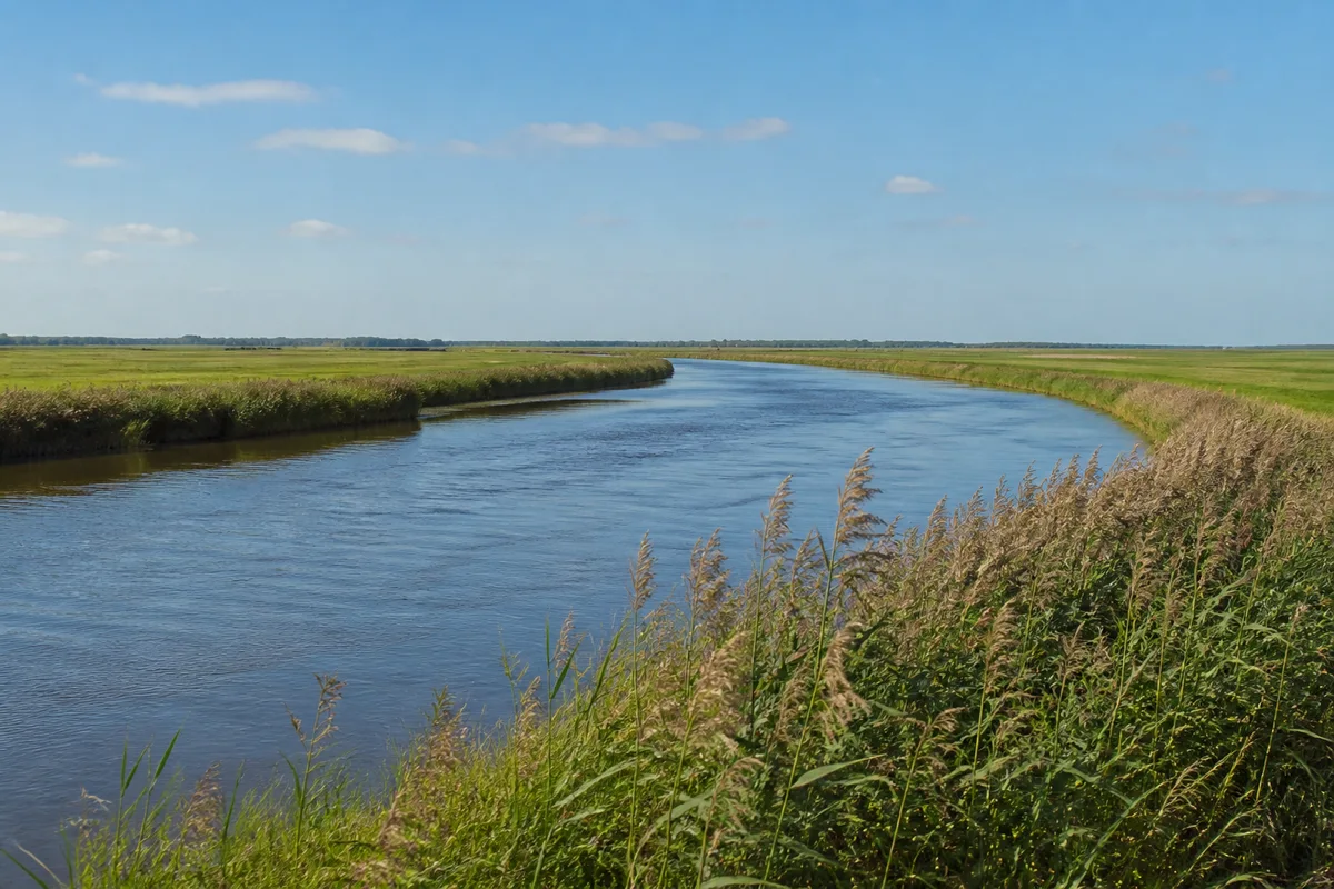 Eider bei Pahlen: Ruhiger breiter Fluss zwischen Schilf und grünen ebenen Wiesen