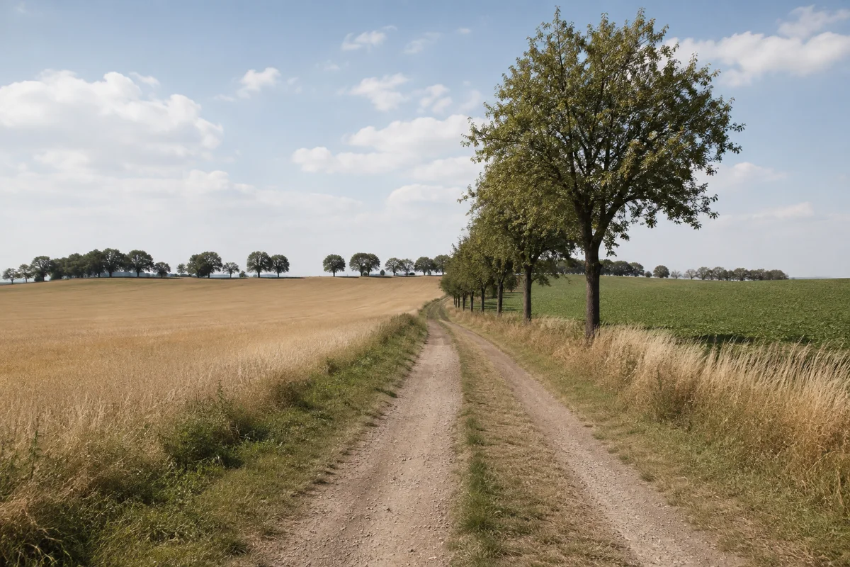 Mochau: offene sanft hügelige Ackerhochfläche mit Feldweg und einzelnen Baumreihen