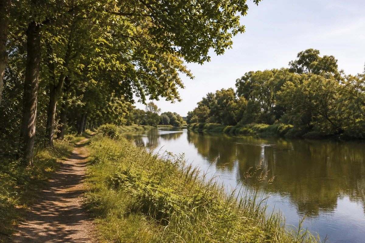 Döbeln: Döbelner Muldetal: städtischer grüner Uferweg, Laubbäume und ruhiger Fluss ohne monumentale Kulisse