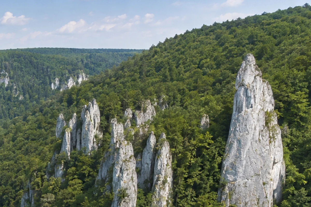 Talweg bei Hausen: schmaler Flussweg zwischen Wiese, Felsnadeln und Buchenwald